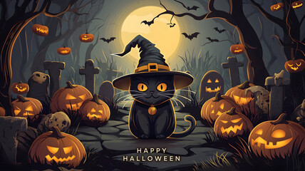 Happy Halloween heading, spooky creatures, typical Halloween elements, pumpkins, candles etc. Cool design for your Halloween party invitation, greeting cards, banner, wallpapers, poster etc.
