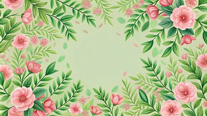 Delicate Pink Flowers and Lush Green Foliage Create a Beautiful Floral Frame