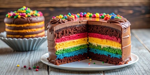 A Rainbow Cake Cut Open Reveals Vibrant Layers of Color, Covered in Chocolate Frosting and Sprinkles