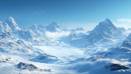 Snow-covered mountains under a clear blue sky, breathtaking winter scenery.