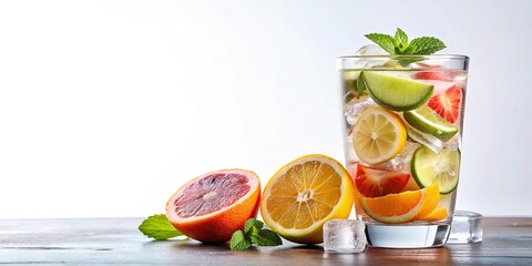 Fototapeta premium A refreshing glass of fruit infused water with lemon, lime, orange, and strawberry slices, garnished with mint leaves and ice cubes, sits on a wooden table
