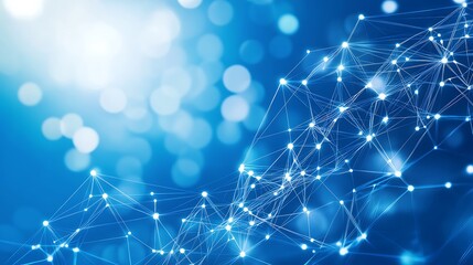 Obraz premium An image of interconnected glowing dots and lines against a vibrant blue background, symbolizing the intricate web of communication and technology networks in the modern world.