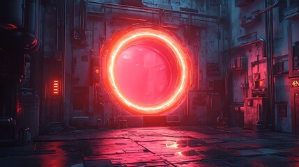 Glowing Neon Circle Portal in Futuristic City Alley