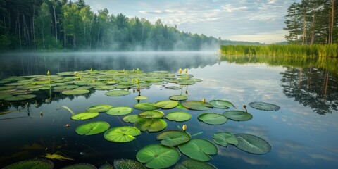 A peaceful pond with lily pads floating on the surface and a soft mist rising in the early morning light