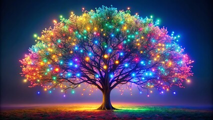 A solitary tree adorned with twinkling lights of every color, casting a magical glow on the mist-shrouded landscape.