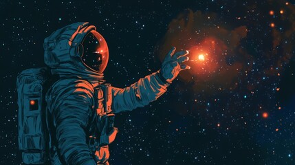 An astronaut reaches out to a distant star in space.