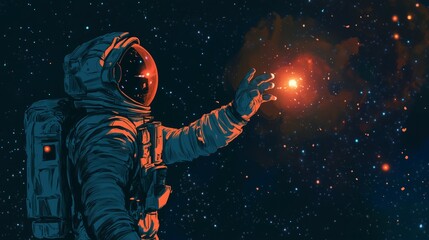 An astronaut reaches out to a bright star in the dark expanse of space.