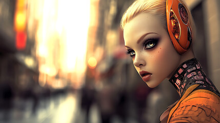 Obraz premium Cyberpunk City Portrait: A striking digital painting of a futuristic woman with vibrant orange headphones, intricate neck tattoos, and intense eyes, set against a blurred cityscape backdrop.