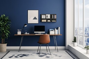 Modern home office setup with wooden desk, comfortable chair, and blue accent wall in a bright urban environment. Generative AI