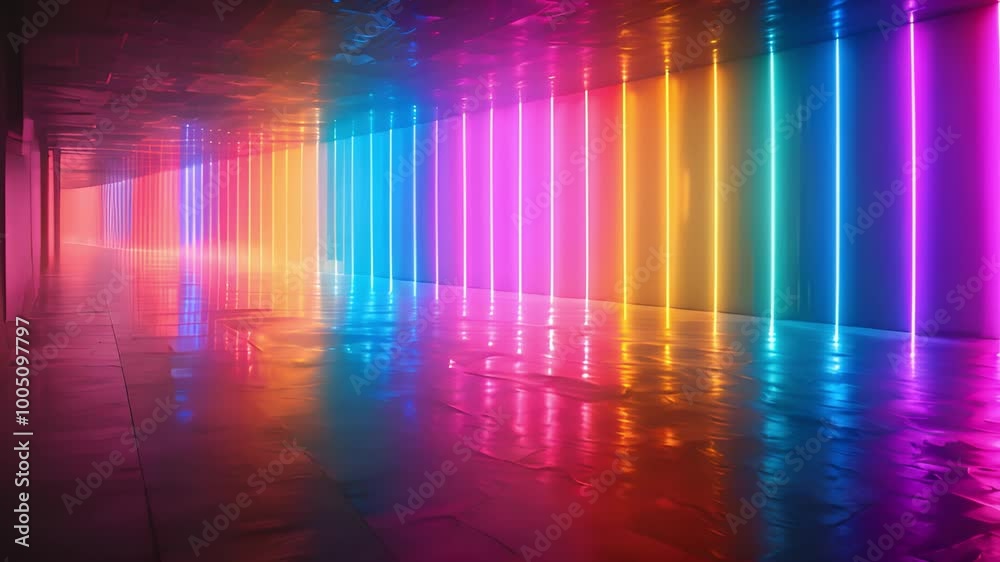 Poster a vibrant spectrum of light colors reflecting on a smooth floor.