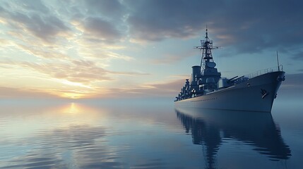 Fototapeta premium Battleship at Sunset on a Calm Sea