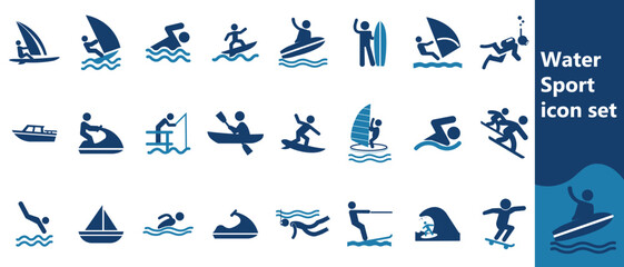 Set of Water Sport Icons. Contains such Icons as Riding Water Bike, SUP Boarding, Windsurfing and more.