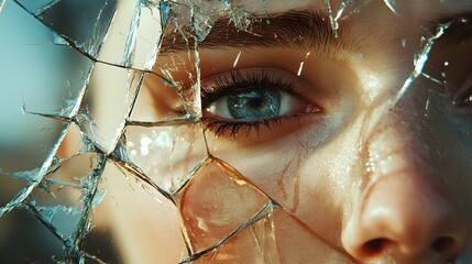 A broken mirror reflecting fragments of a tearful face, each shard capturing a different part of the expression, symbolizing a shattered sense of self and fractured identity 