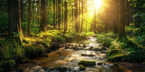 Obraz premium A serene forest clearing with dappled sunlight filtering through the trees and a gentle stream flowing nearby