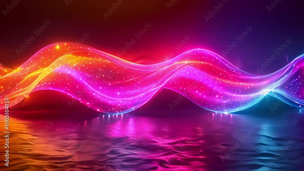 Poster A dynamic display of colorful light waves undulating in a dark space.