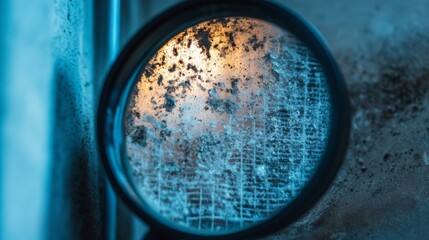 Dust and dirty inside of an air conditioner filter through a magnifying glass.