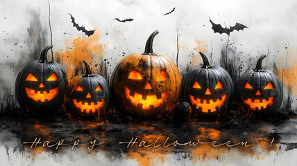 Halloween postcard with heading. Pumpkins with carved face isolated on light background, modern surrealistic grunge style. Cool design for halloween party invitation card, poster, banner, wallpaper.