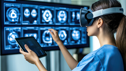  A female doctor uses virtual reality to analyze medical images in a high-tech lab.Technological advances in health and medicineм