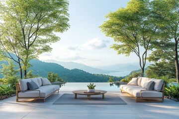 Elegant outdoor lounge with panoramic nature views  modern architectural design for relaxation