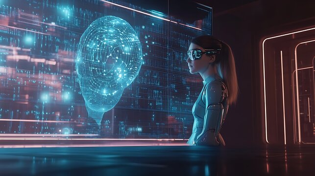 Scifi inspired stock photo featuring a futuristic robot standing before a transparent holographic screen, with intricate lines of code and data visualizations floating in the air