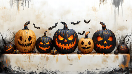 Halloween pumpkins with carved face isolated on light background, modern surrealistic grunge style. Copy space. Cool template for your Halloween party invitation card, poster, banner, wallpaper etc.