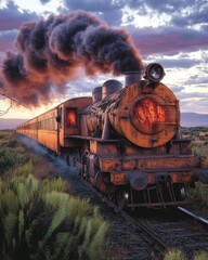 Fototapeta premium Vintage Steam Locomotive at Sunset: Beautiful Scenic Train Journey with Black Smoke against Scenic Landscape and Dramatic Sky
