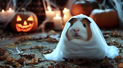 An adorable guinea pig in a flowing ghost costume, surrounded by a dark, atmospheric Halloween backdrop with flickering candles and cobwebs, capturing the whimsical spirit of the season 