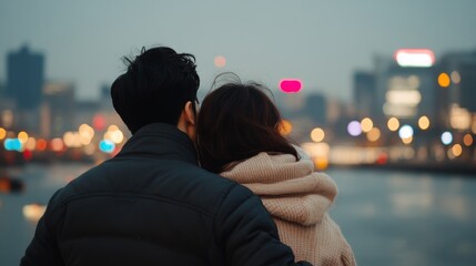 A couple embraces while admiring the colorful fireworks lighting up the night sky above the river