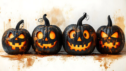 Halloween pumpkins with carved face isolated on light background, modern surrealistic grunge style. Copy space. Cool template for your Halloween party invitation card, poster, banner, wallpaper etc.