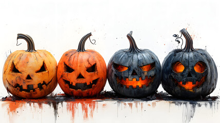 Halloween pumpkins with carved face isolated on light background, modern surrealistic grunge style. Copy space. Cool template for your Halloween party invitation card, poster, banner, wallpaper etc.