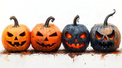 Halloween pumpkins with carved face isolated on light background, modern surrealistic grunge style. Copy space. Cool template for your Halloween party invitation card, poster, banner, wallpaper etc.