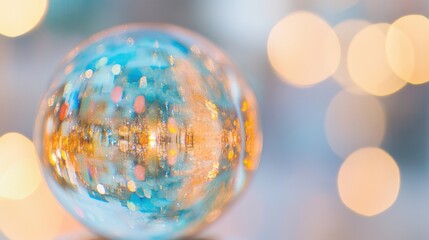 The crystal ball captures vibrant reflections of colorful stones, enhanced by a dreamy bokeh backdrop of soft lights