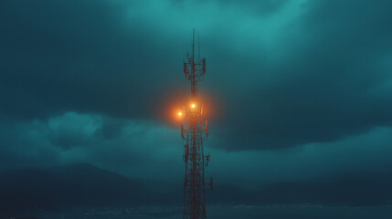 Obraz premium Cell tower close-up showing weathered metal and aging equipment, dramatic lighting with storm clouds overhead