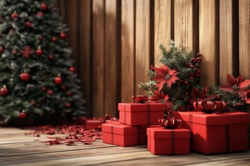 Charming red gift boxes near a christmas tree in a wooden walled room, ideal for text overlay