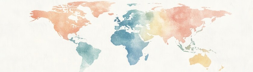 Obraz premium Watercolor world map in soft pastel colors, white background.