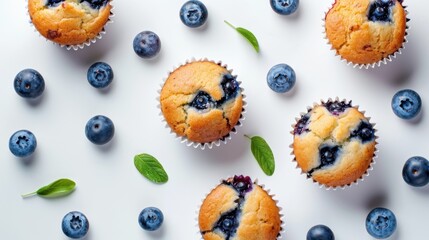 Blueberry fruit and muffin cupcake isolated over white background