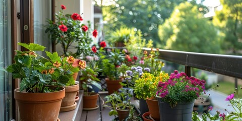 Fototapeta premium A balcony filled with potted plants of various types, creating a cozy and inviting outdoor space