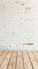 A spacious area features a clean, empty white brick wall complementing the natural wooden floor, ideal for creative endeavors or presentations