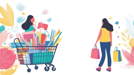 Fototapeta premium Woman shopping with colorful bags and cart, vibrant floral background, white isolate.