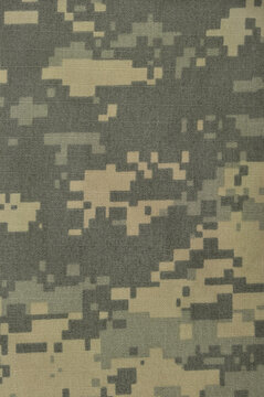Universal camouflage pattern army combat uniform digital camo, natural vertical USA military ACU ripstop fabric background macro closeup, foliage green, desert sand tan, urban taupe grey NYCO swatch