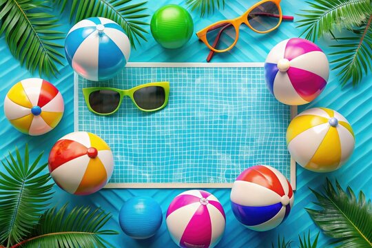 Vibrant and colorful summer party invitation design featuring a fun pool scene with sunglasses, beach balls, and palm trees on a bright blue background.