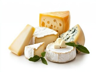 Assorted cheese selection with fresh herbs on a white background.