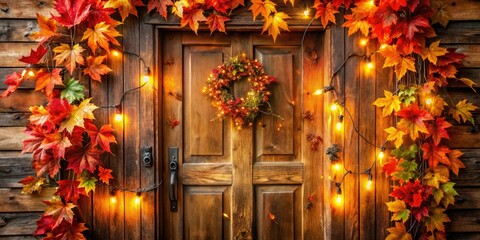 Vibrant autumn leaves and twinkling string lights adorn a rustic wooden door, welcoming the arrival of the new month with warm, cozy seasonal charm.