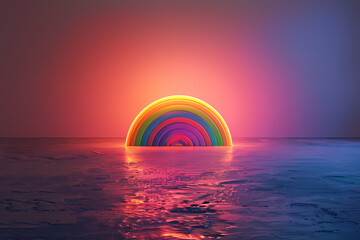 Obraz premium A vibrant, surreal scene of a rainbow emerging from a calm ocean at sunset, blending colors beautifully into the serene atmosphere.