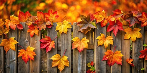 Obraz premium Vibrant autumn leaves in shades of orange, yellow, and red scatter across a rustic wooden fence, evoking a cozy and inviting October atmosphere.