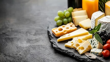 Assorted cheeses, grapes, and tomatoes on a slate platter against a dark background.