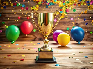 Vibrant balloons and confetti surround a gleaming golden trophy and certificate on a sleek wooden table, conveying a sense of achievement and celebration.