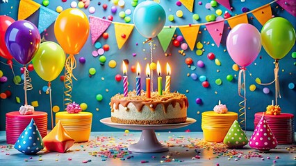 Vibrant balloons, confetti, and a cake with candles illuminate a lively party scene, capturing the joy and excitement of reaching a major milestone birthday.