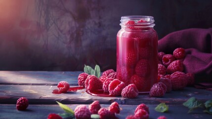 Juice drink with raspberry fruit on table