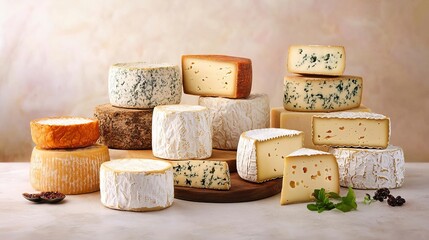 Variety of gourmet cheeses arranged on a wooden platter with a neutral background.